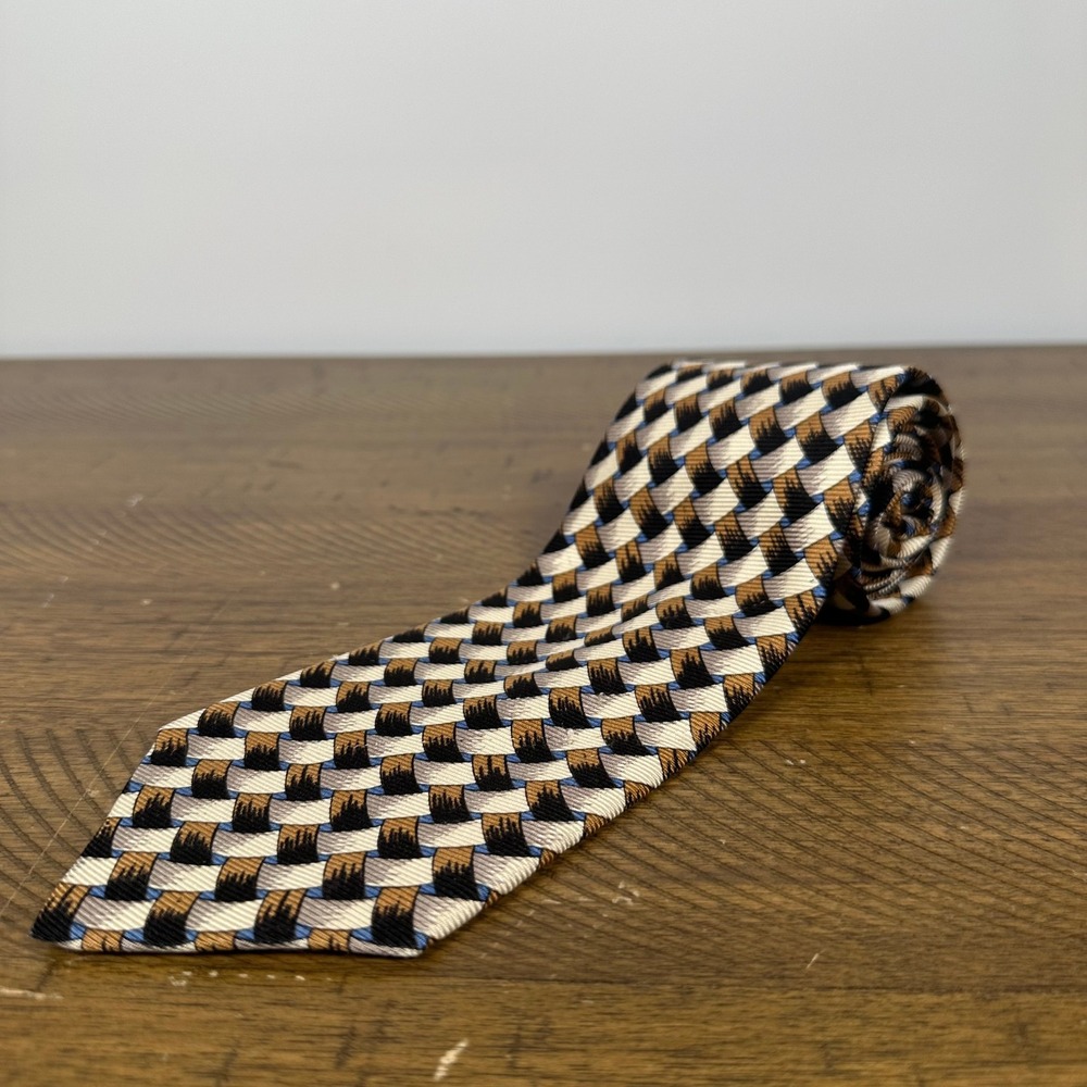 Bullock & Jones Tie Mens Tan Black Blue Basketweave 3D Silk Hand Made Spain